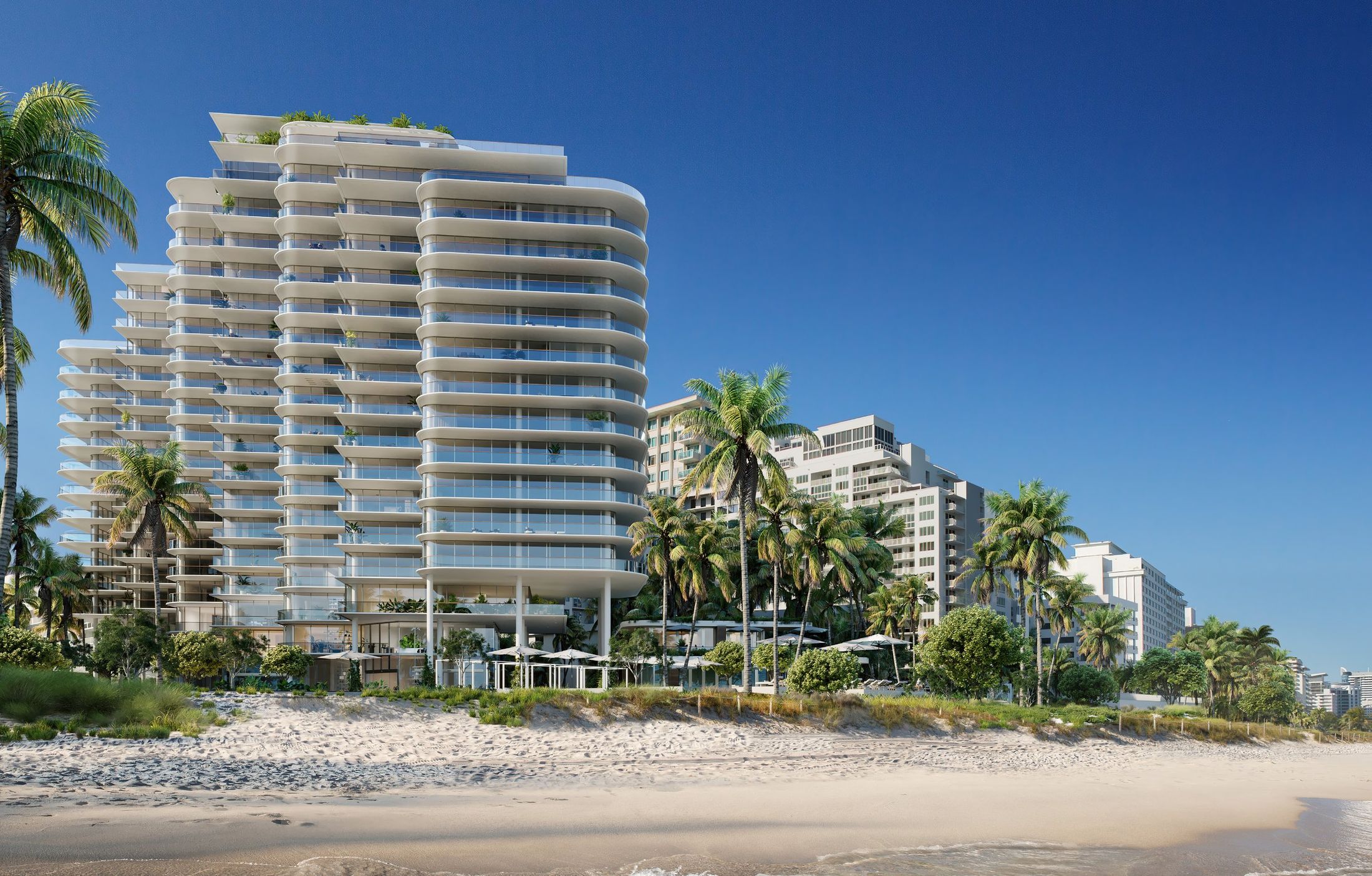 Rendering of The Perigon's rounded terraces above the beach
